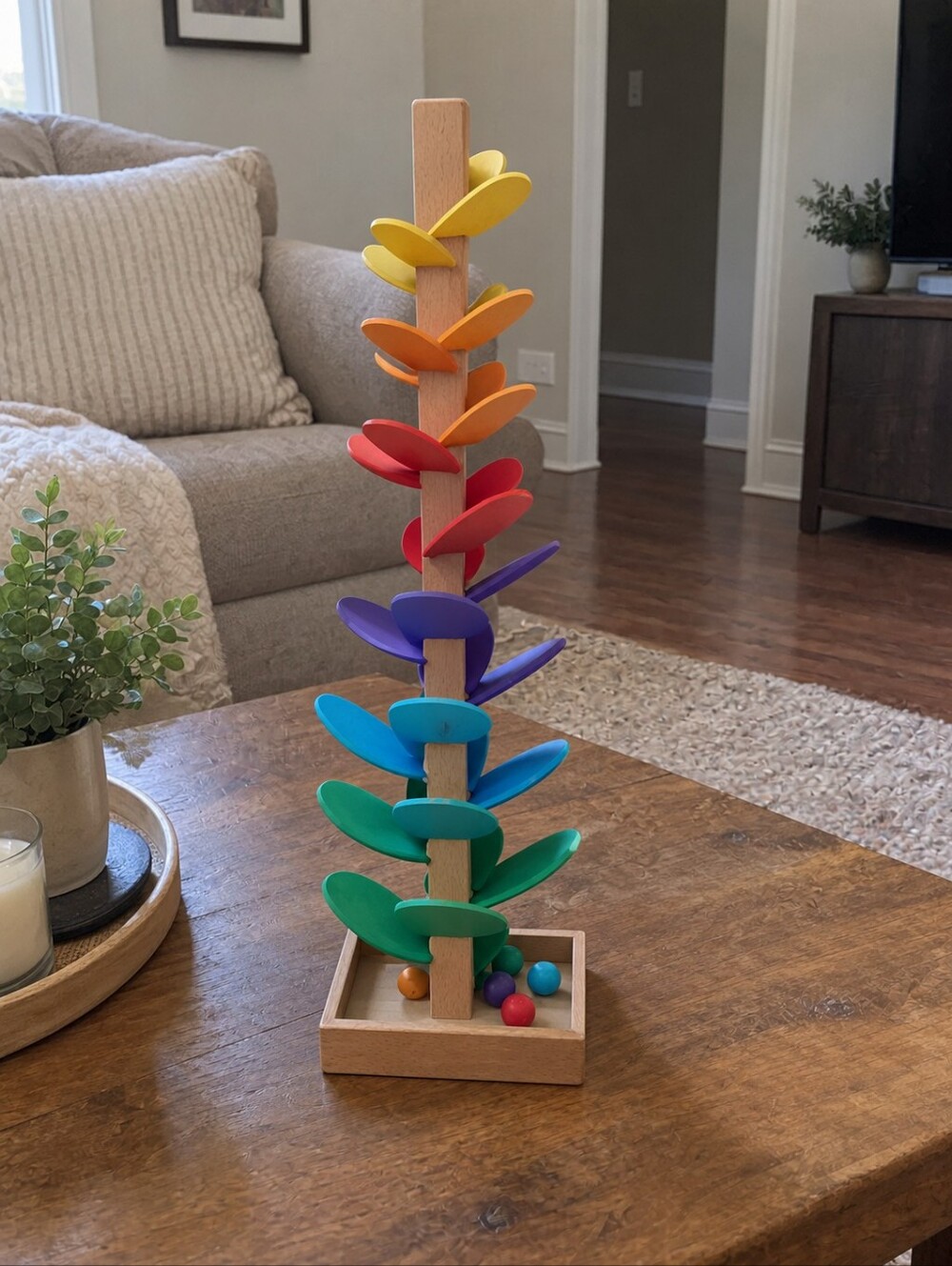 Wooden Rainbow Marble Tree Toy - Colorful Stacking Marble Run
